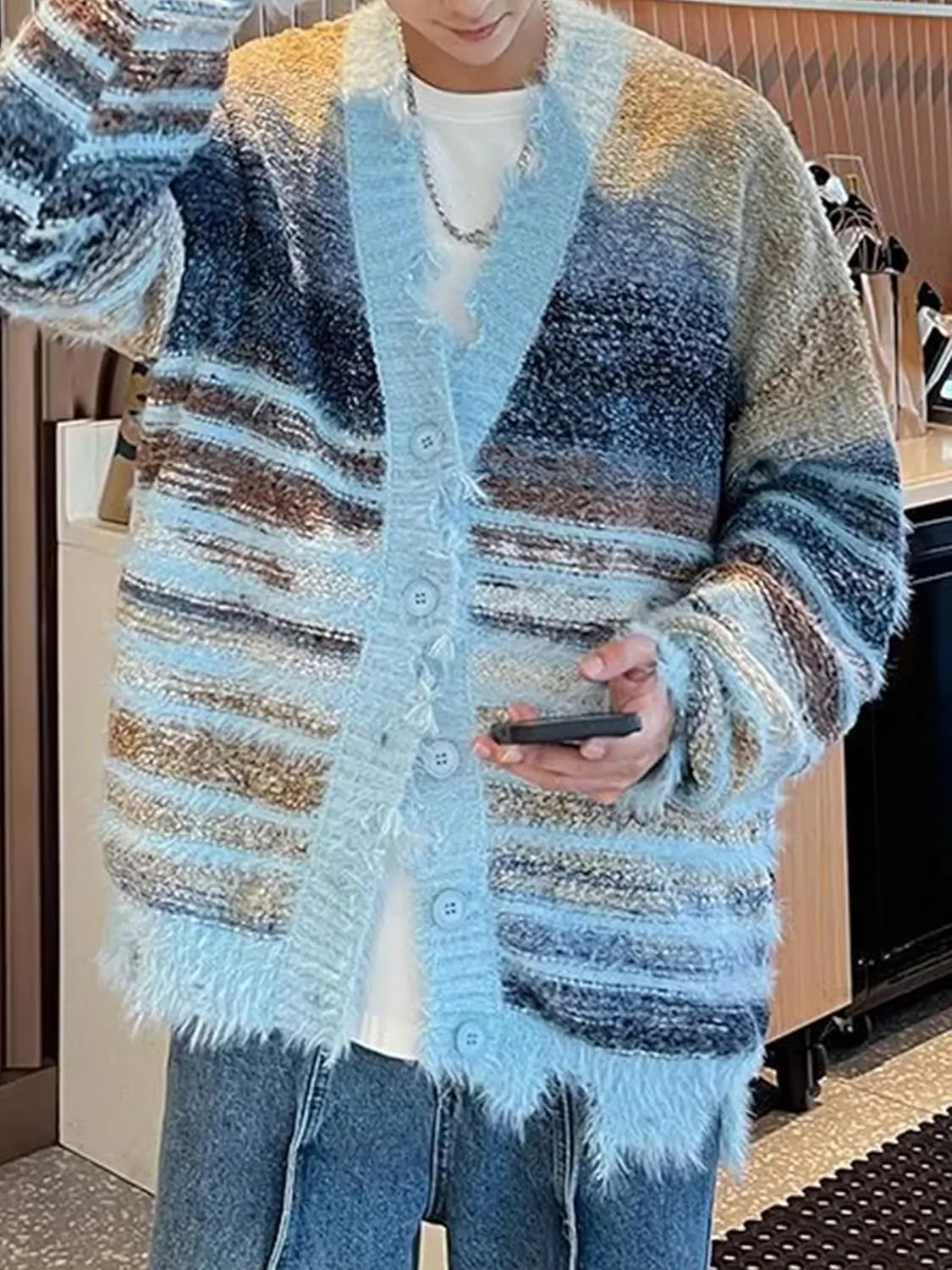 Men's Cardigan Rainbow Striped Knit V-neck Button Muticolor Fashion Placket Knit Sweater Y2K Colorful Top