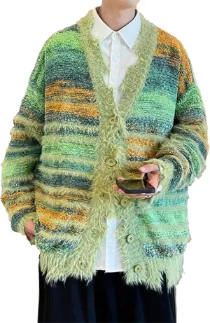 Men's Cardigan Rainbow Striped Knit V-neck Button Muticolor Fashion Placket Knit Sweater Y2K Colorful Top