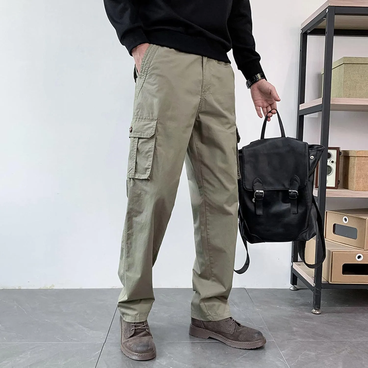 Mens Cargo Sweatpants Multi-Pockets Casual Plus Size Track Pants Zip Elastic Waist Loose Fit Durable Tactical Pants