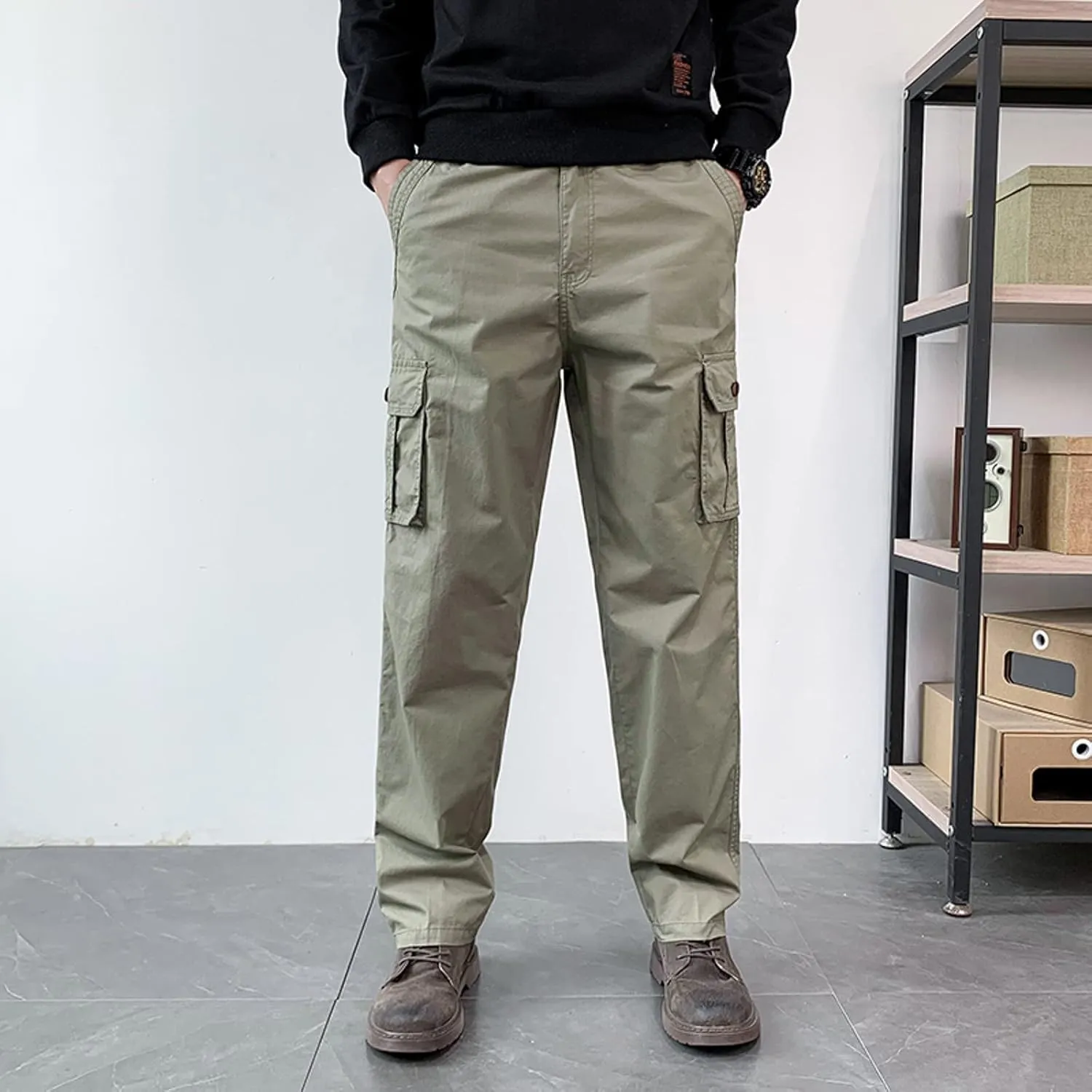 Mens Cargo Sweatpants Multi-Pockets Casual Plus Size Track Pants Zip Elastic Waist Loose Fit Durable Tactical Pants