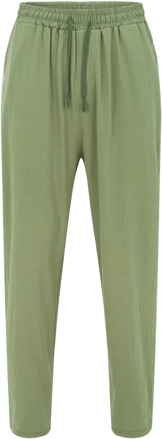 Mens Elastic Pants Loose Beach Yoga Pants with Pockets Drawstring Sweatpants Solid Color Breathable Casual Pants