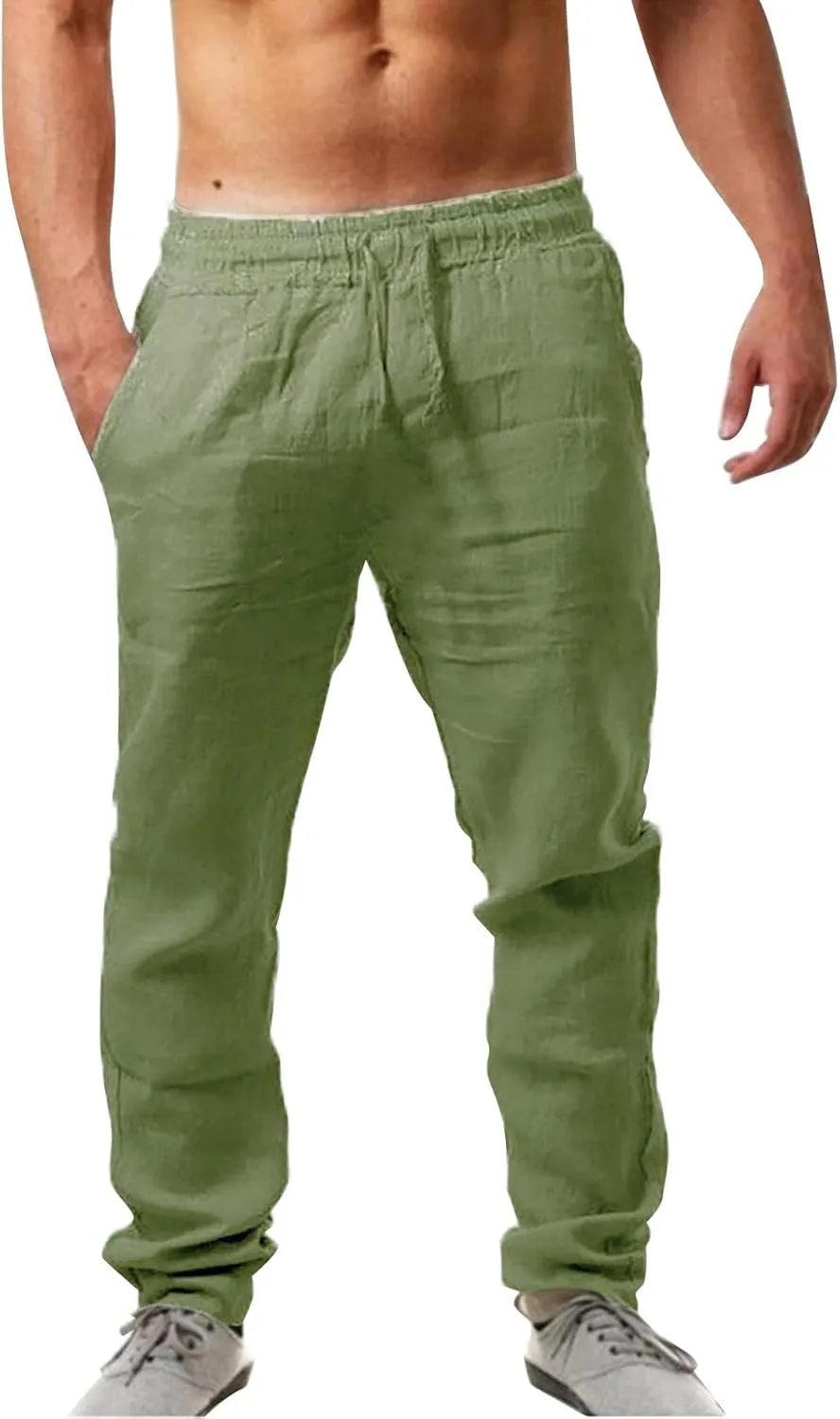 Mens Elastic Pants Loose Beach Yoga Pants with Pockets Drawstring Sweatpants Solid Color Breathable Casual Pants