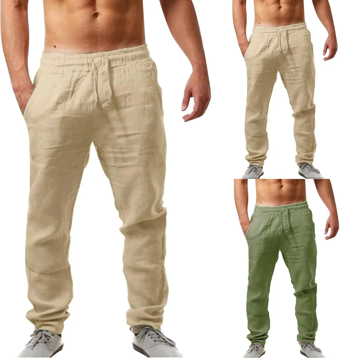 Mens Elastic Pants Loose Beach Yoga Pants with Pockets Drawstring Sweatpants Solid Color Breathable Casual Pants