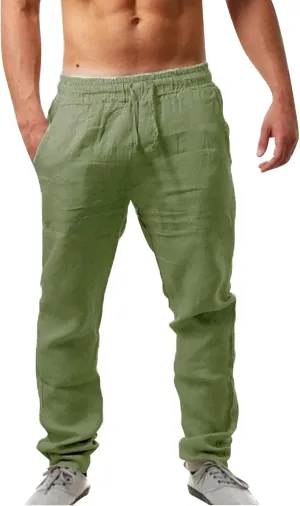 Mens Elastic Pants Loose Beach Yoga Pants with Pockets Drawstring Sweatpants Solid Color Breathable Casual Pants