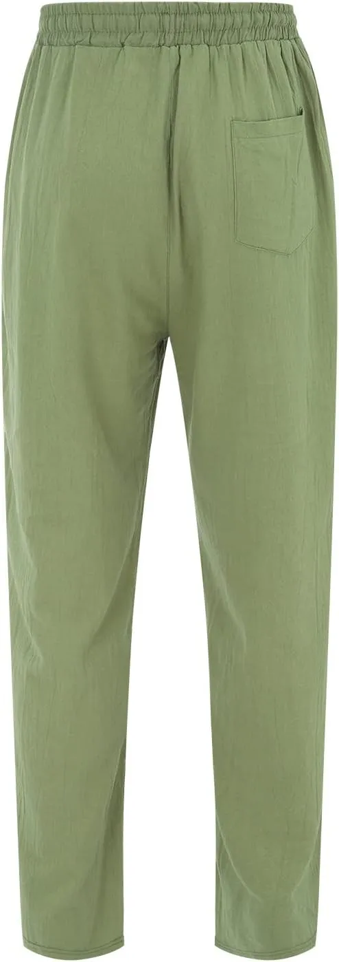 Mens Elastic Pants Loose Beach Yoga Pants with Pockets Drawstring Sweatpants Solid Color Breathable Casual Pants