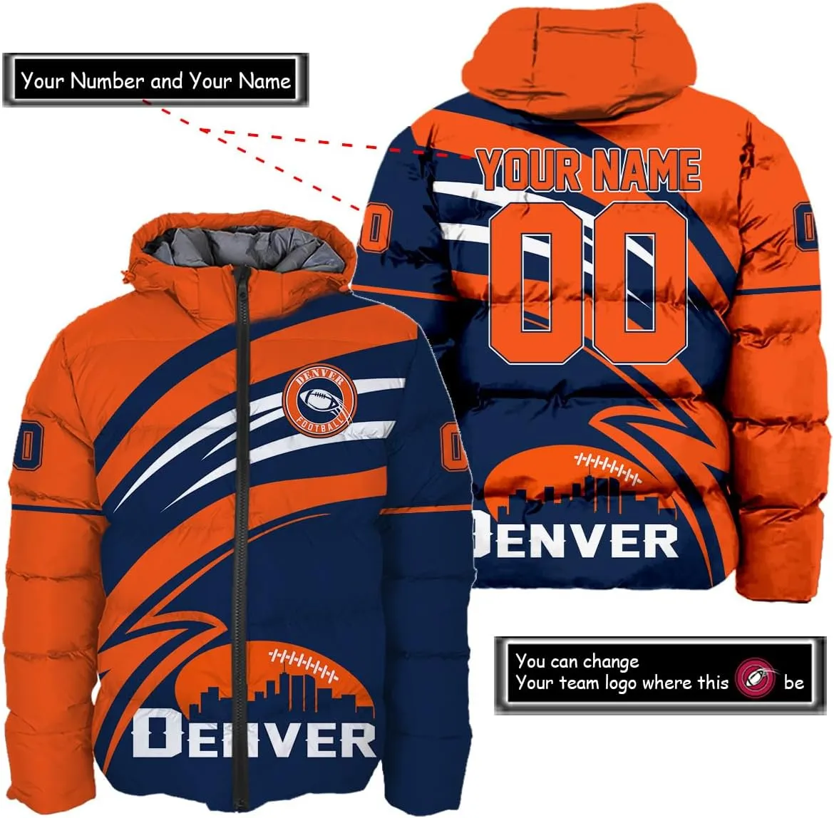 Mens Football American Football Personalized Puffer Jacket Plus Size Apparel Down Jacket Custom Name Number Logo S-5XL