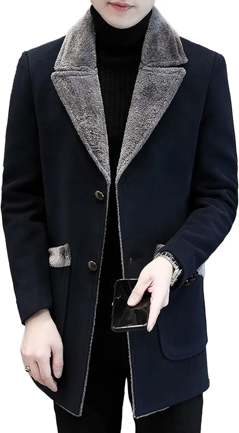 Men's Fur Collar Trench Coat Wool Blends Slim Fit Overcoats sith Pockets Single Breasted Button Thicken Outwear