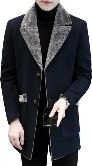 Men's Fur Collar Trench Coat Wool Blends Slim Fit Overcoats sith Pockets Single Breasted Button Thicken Outwear