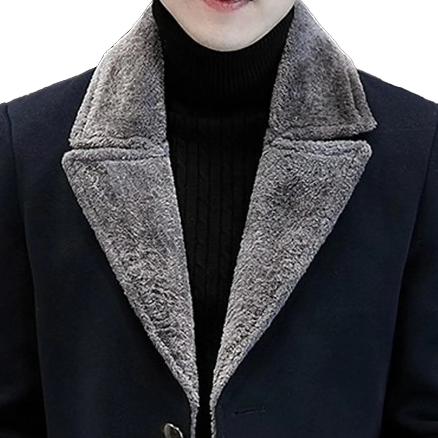 Men's Fur Collar Trench Coat Wool Blends Slim Fit Overcoats sith Pockets Single Breasted Button Thicken Outwear