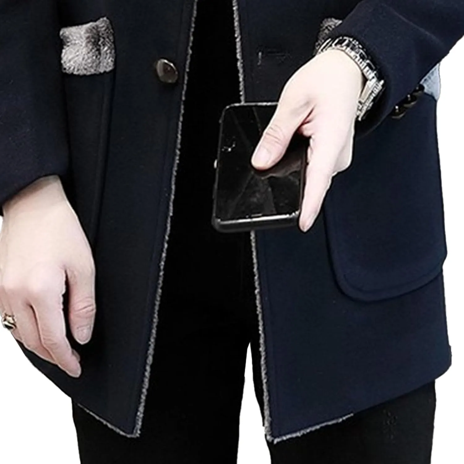 Men's Fur Collar Trench Coat Wool Blends Slim Fit Overcoats sith Pockets Single Breasted Button Thicken Outwear