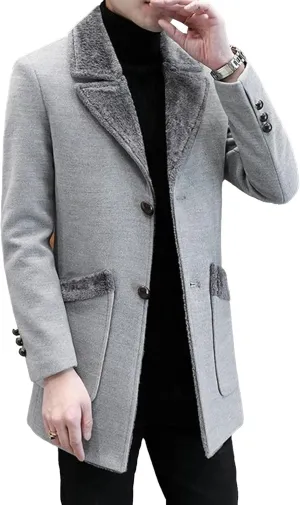 Men's Fur Collar Trench Coat Wool Blends Slim Fit Overcoats sith Pockets Single Breasted Button Thicken Outwear