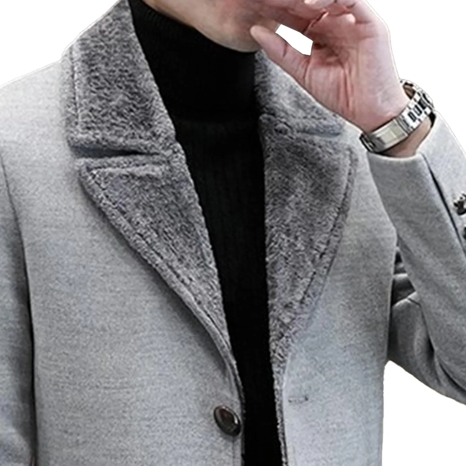Men's Fur Collar Trench Coat Wool Blends Slim Fit Overcoats sith Pockets Single Breasted Button Thicken Outwear