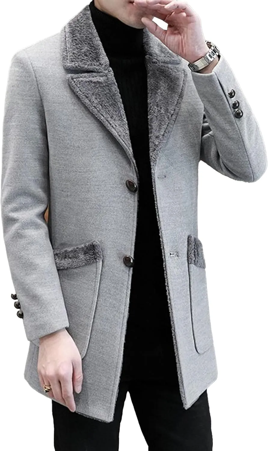 Men's Fur Collar Trench Coat Wool Blends Slim Fit Overcoats sith Pockets Single Breasted Button Thicken Outwear