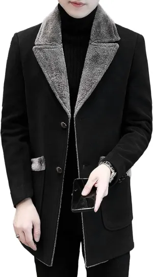 Men's Fur Collar Trench Coat Wool Blends Slim Fit Overcoats sith Pockets Single Breasted Button Thicken Outwear