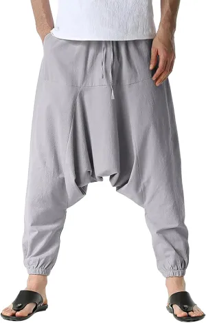 Mens Harem Pants Hip Hop Baggy Jogger Pants Vintage Hippie Drop Crotch Trousers Elastic Waist Comfy Casual Pants