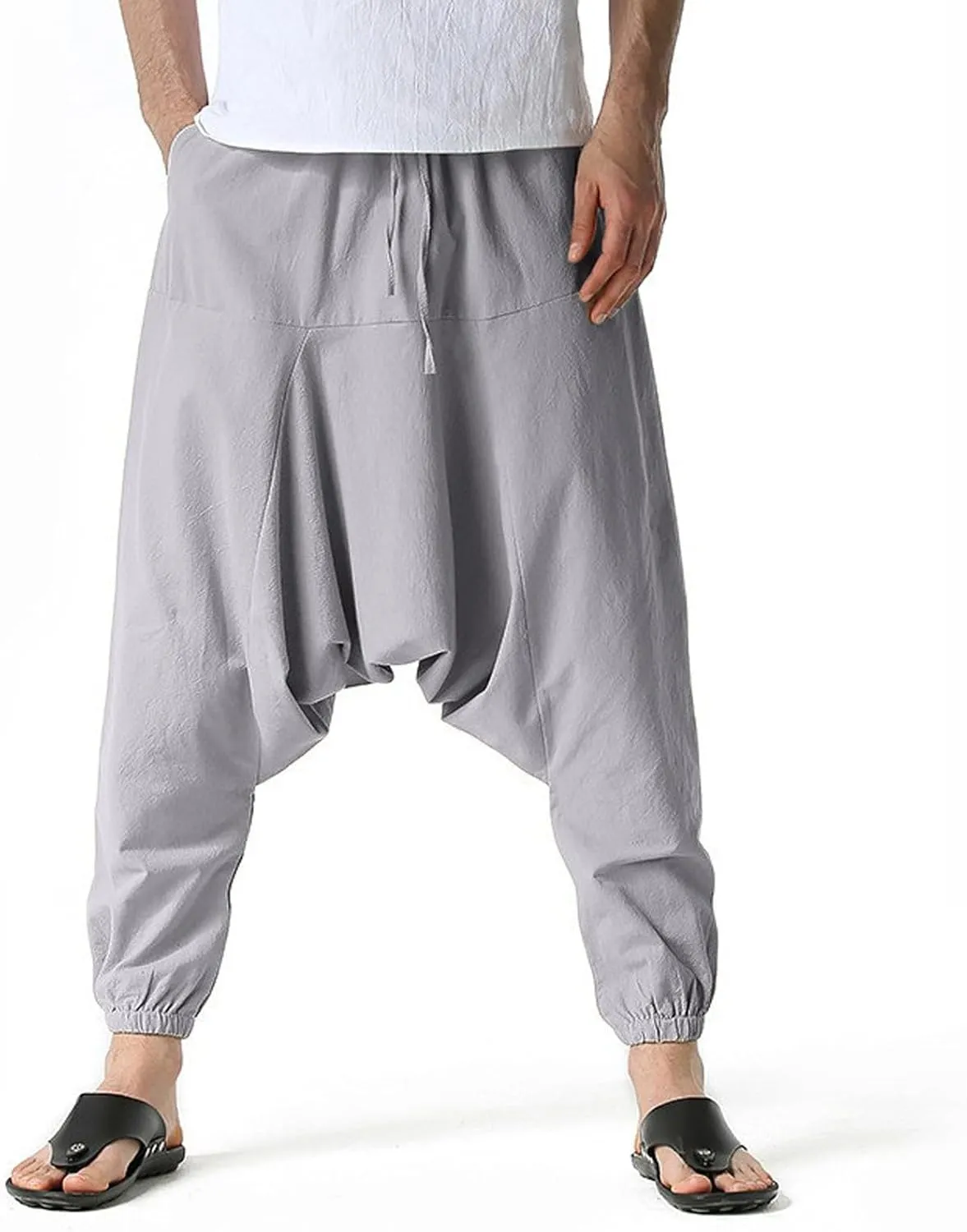 Mens Harem Pants Hip Hop Baggy Jogger Pants Vintage Hippie Drop Crotch Trousers Elastic Waist Comfy Casual Pants