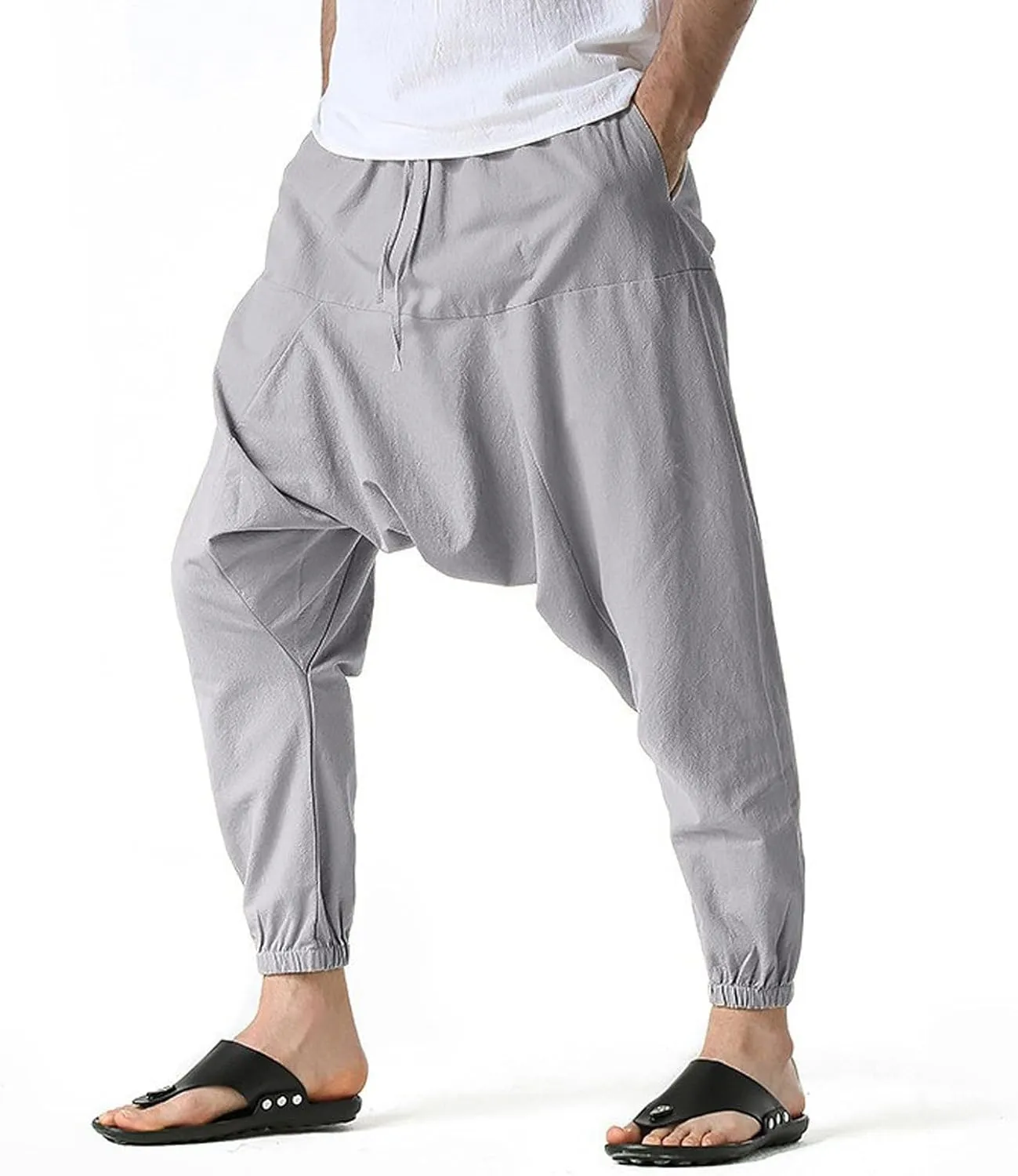 Mens Harem Pants Hip Hop Baggy Jogger Pants Vintage Hippie Drop Crotch Trousers Elastic Waist Comfy Casual Pants