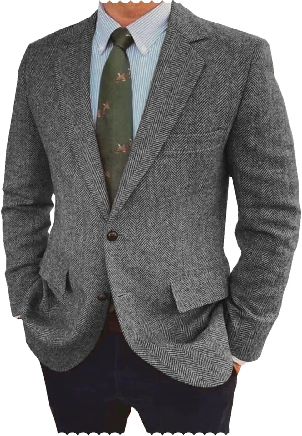 Men's Herringbone Blazer Jacket Slim Fit Notch Lapel Wool Blend Sports Coat
