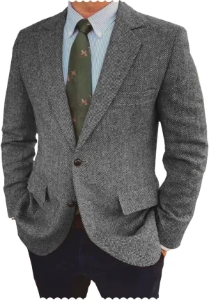 Men's Herringbone Blazer Jacket Slim Fit Notch Lapel Wool Blend Sports Coat