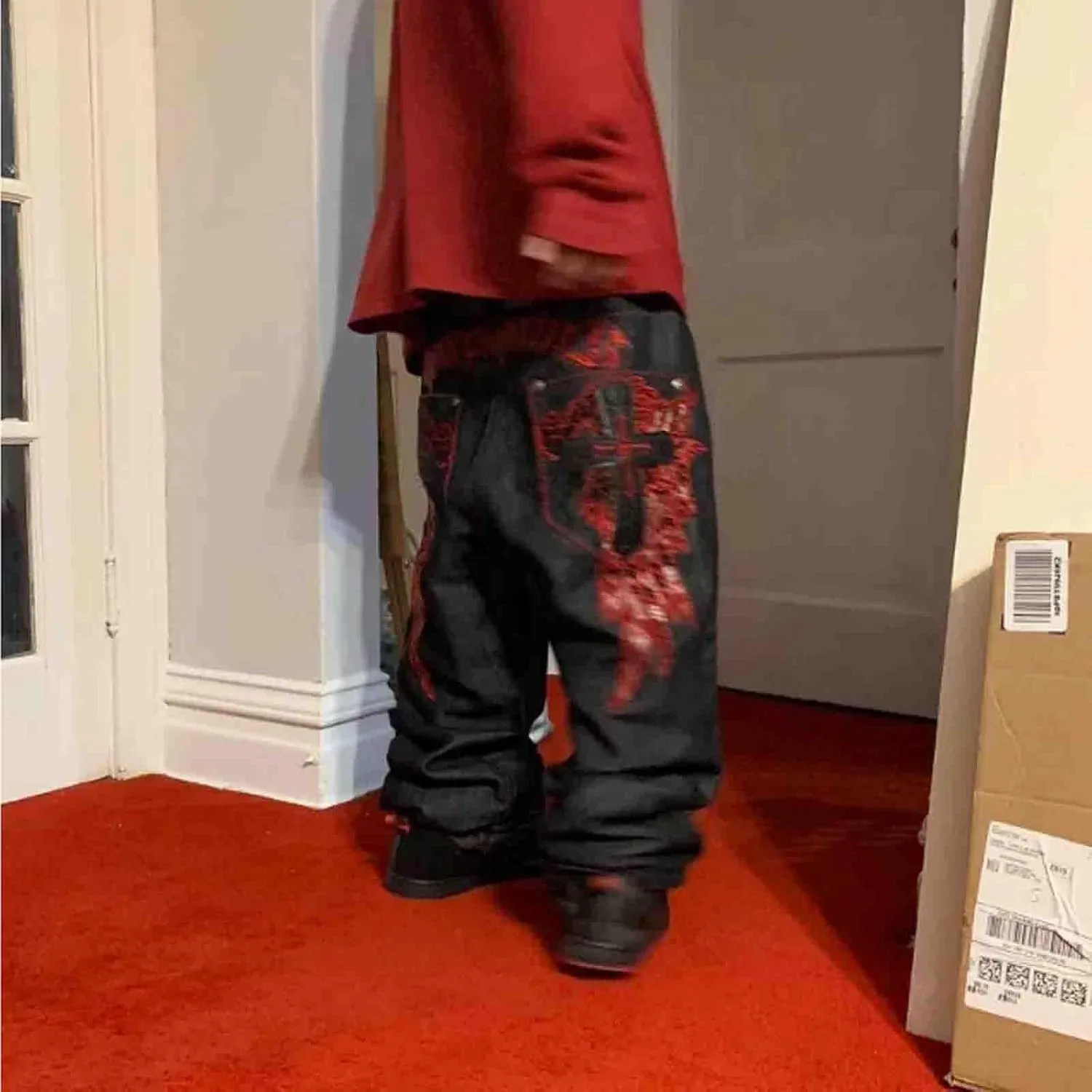 Men's Hip-hop Retro Skull Embroidered Washed Denim Pants Y2K Jeans Gothic Straight Tube Loose Wide Leg Pants