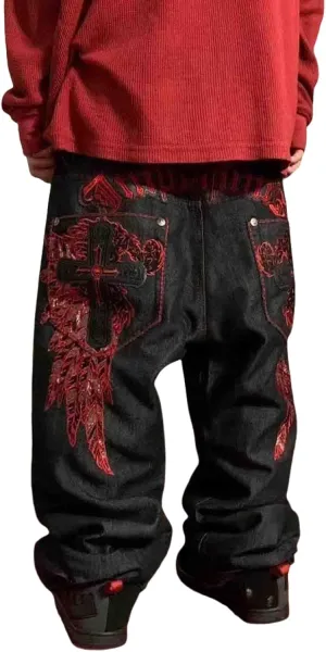 Men's Hip-hop Retro Skull Embroidered Washed Denim Pants Y2K Jeans Gothic Straight Tube Loose Wide Leg Pants