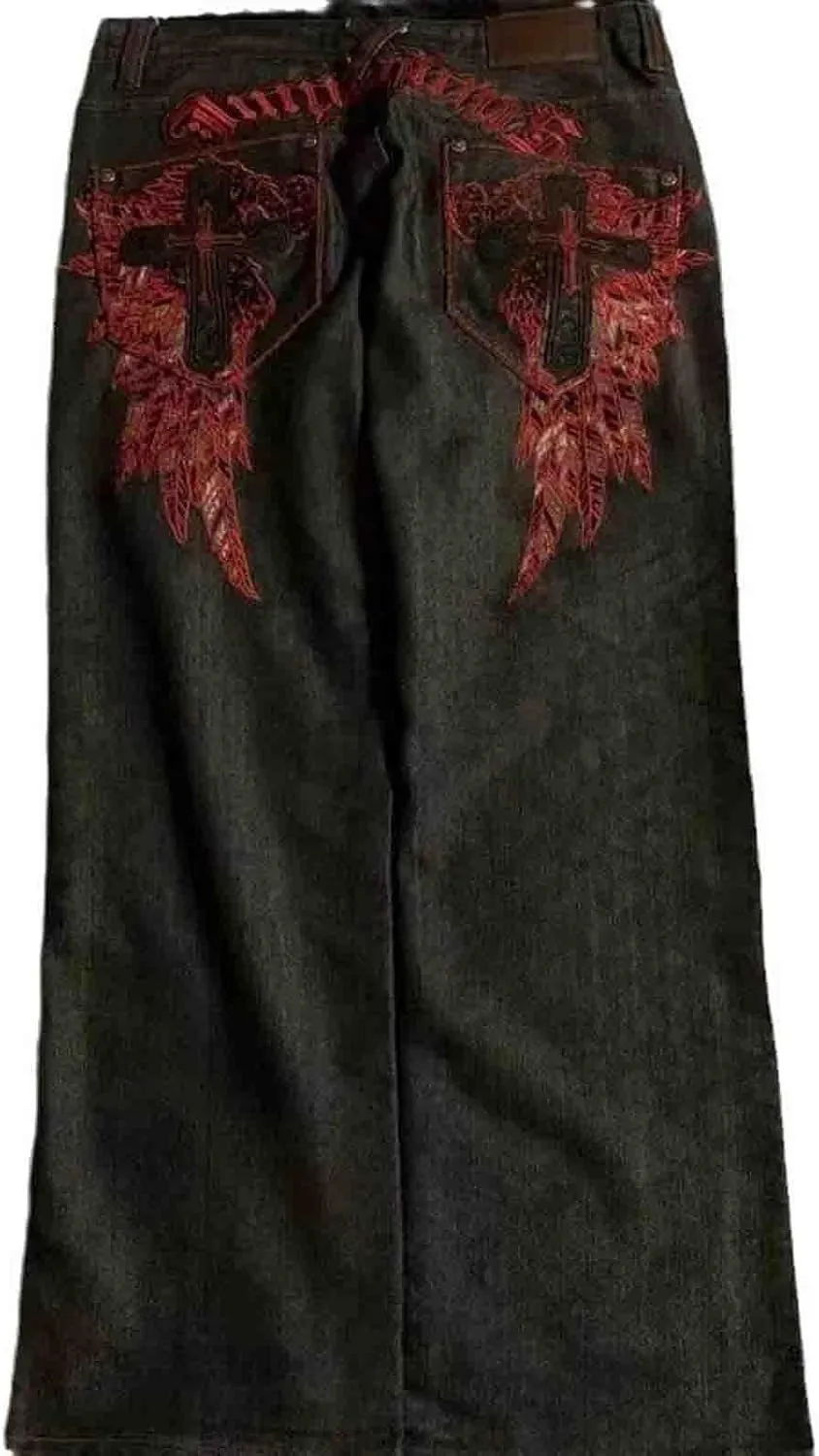 Men's Hip-hop Retro Skull Embroidered Washed Denim Pants Y2K Jeans Gothic Straight Tube Loose Wide Leg Pants