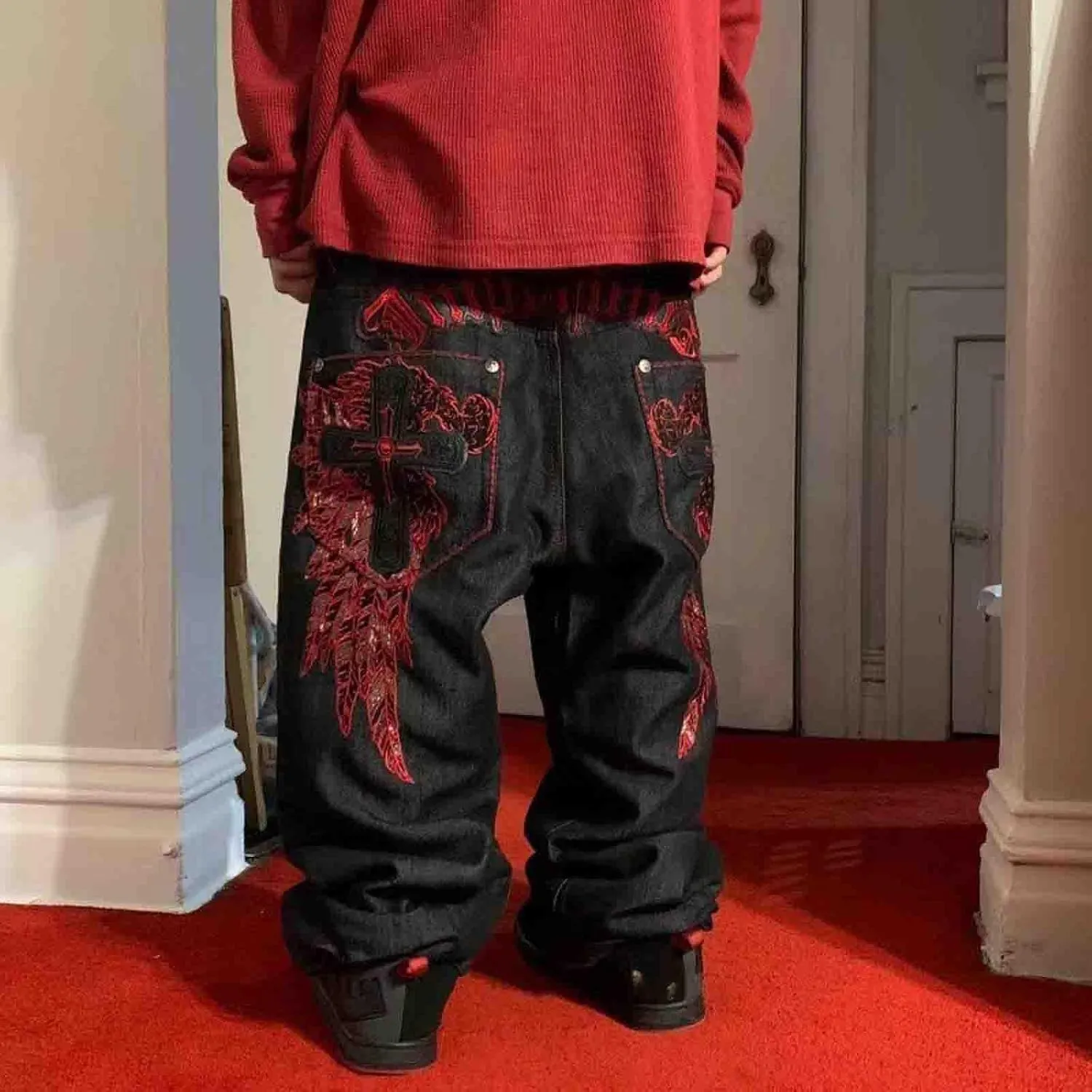 Men's Hip-hop Retro Skull Embroidered Washed Denim Pants Y2K Jeans Gothic Straight Tube Loose Wide Leg Pants