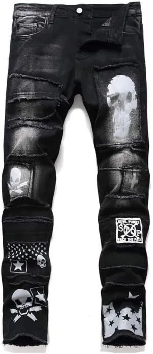 Men's Jeans Ripped Slim-Fit Black Skinny Fashion Denim Jean Pants Durable Biker