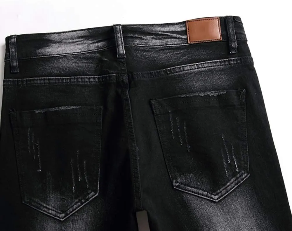 Men's Jeans Ripped Slim-Fit Black Skinny Fashion Denim Jean Pants Durable Biker