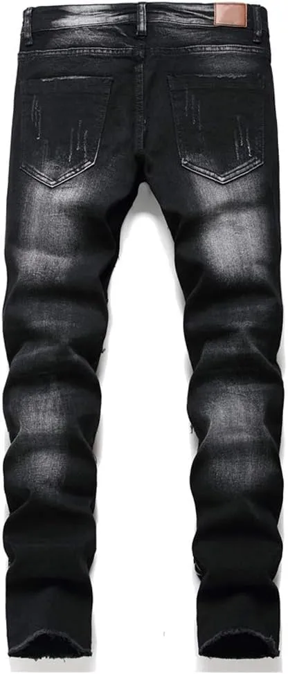 Men's Jeans Ripped Slim-Fit Black Skinny Fashion Denim Jean Pants Durable Biker