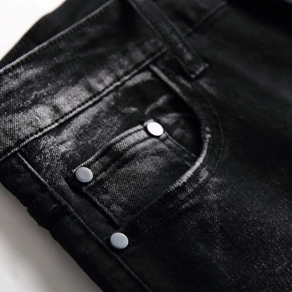 Men's Jeans Ripped Slim-Fit Black Skinny Fashion Denim Jean Pants Durable Biker