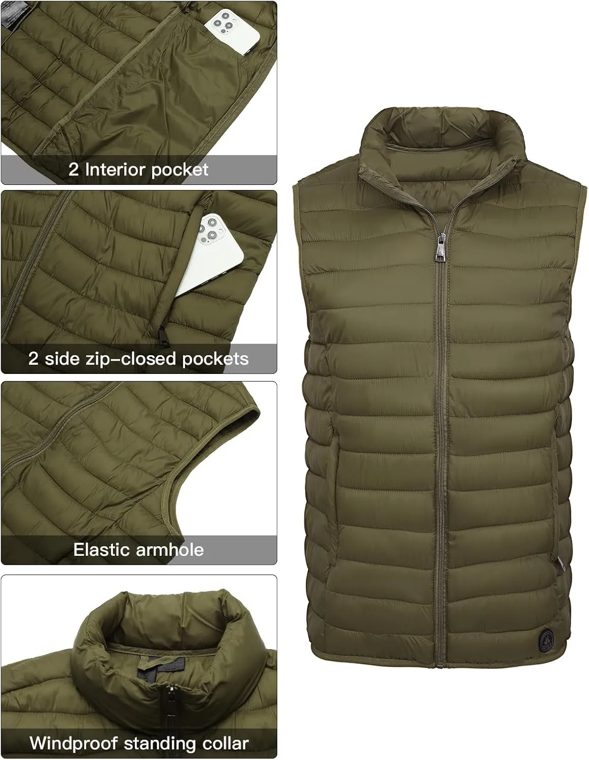 Men's Lightweight Puffer Vest Water-Resistant Golf Outdoor Winter Sleeveless Puffer Vest