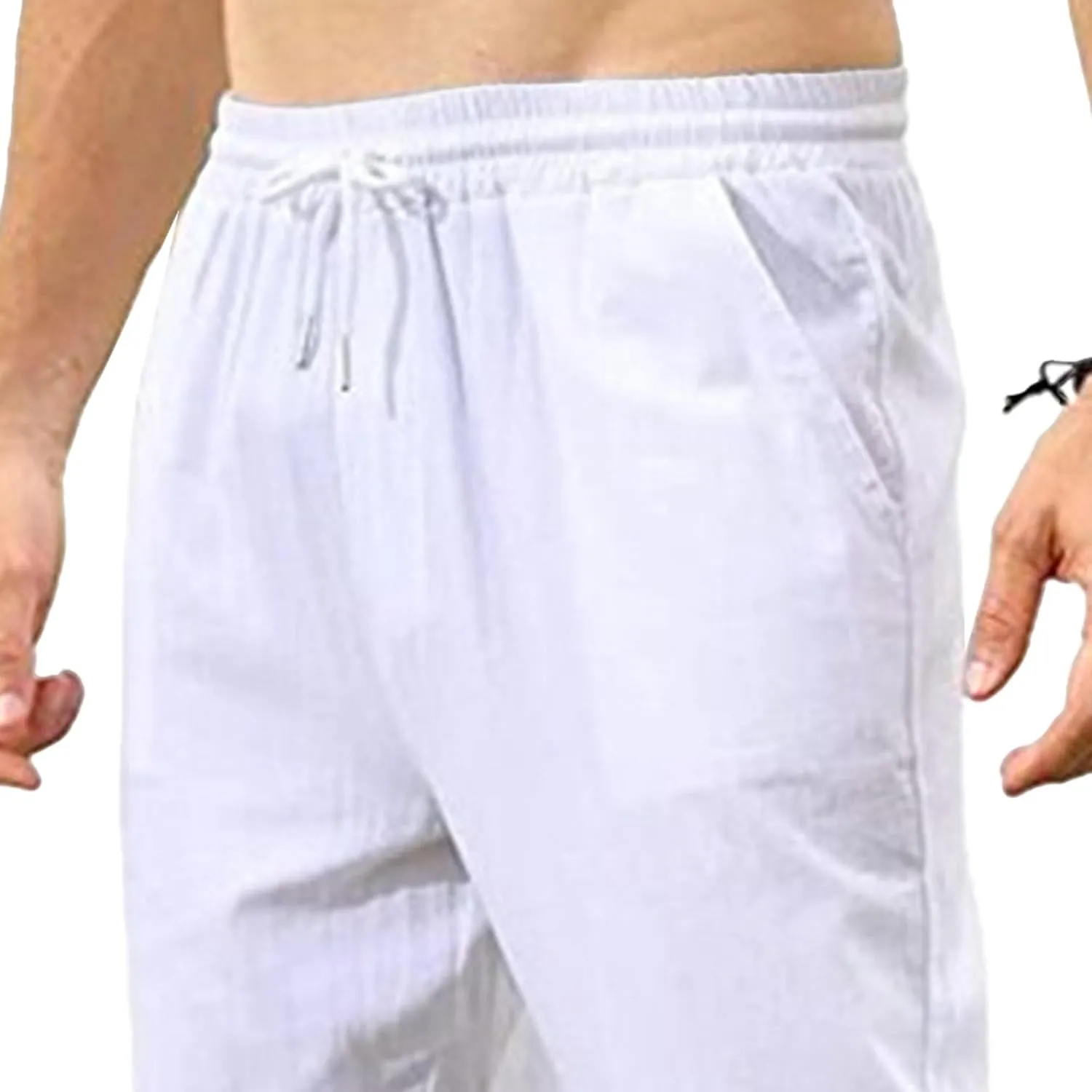 Men's Linen Casual Long Pants Loose Lightweight Yoga Beach Slack Elastic Waist Wide Straight Trousers