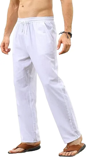 Men's Linen Casual Long Pants Loose Lightweight Yoga Beach Slack Elastic Waist Wide Straight Trousers