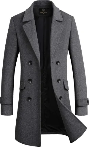 Men's Premium Wool Blend Double Breasted Long Pea Coat