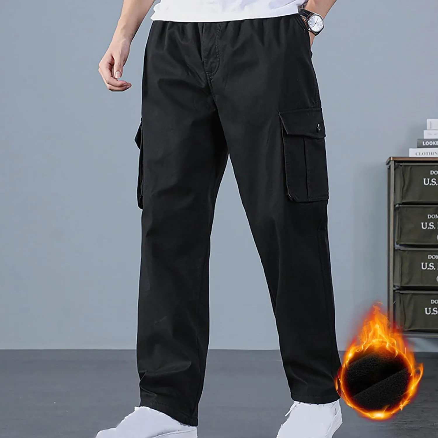 Men's Sherpa Fleece Lined Cargo Pant Outdoor Casual Military Combat Work Ski Hiking Pants Thermal Hiking Pants Winter