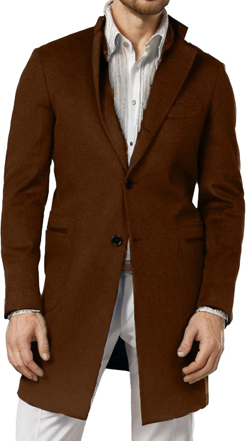 Men's Single Breasted Business Windbreaker Woolen Blend Long Trench Coat with Pocket Fall Winter Business Coat