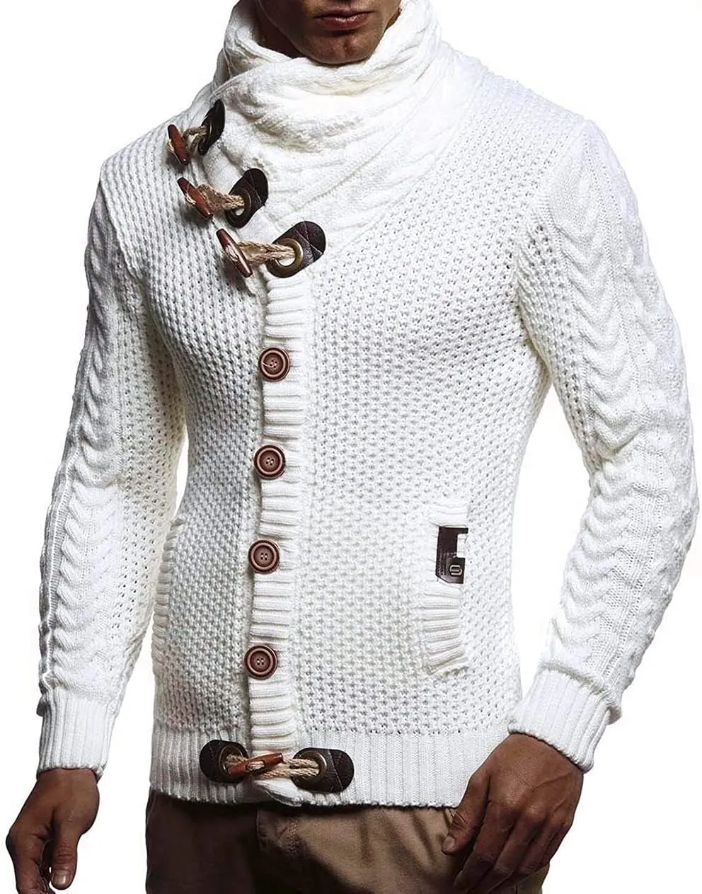 Men's Turtleneck Cable Knit Button Down Cardigan,Fall Winter Pullover Casual Sweaters