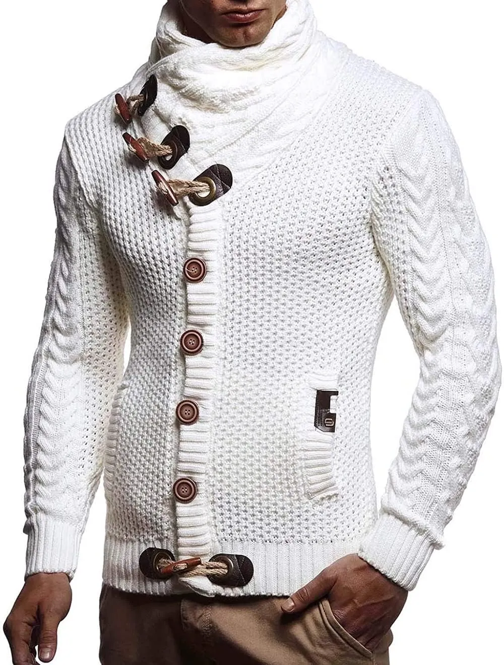 Men's Turtleneck Cable Knit Button Down Cardigan,Fall Winter Pullover Casual Sweaters
