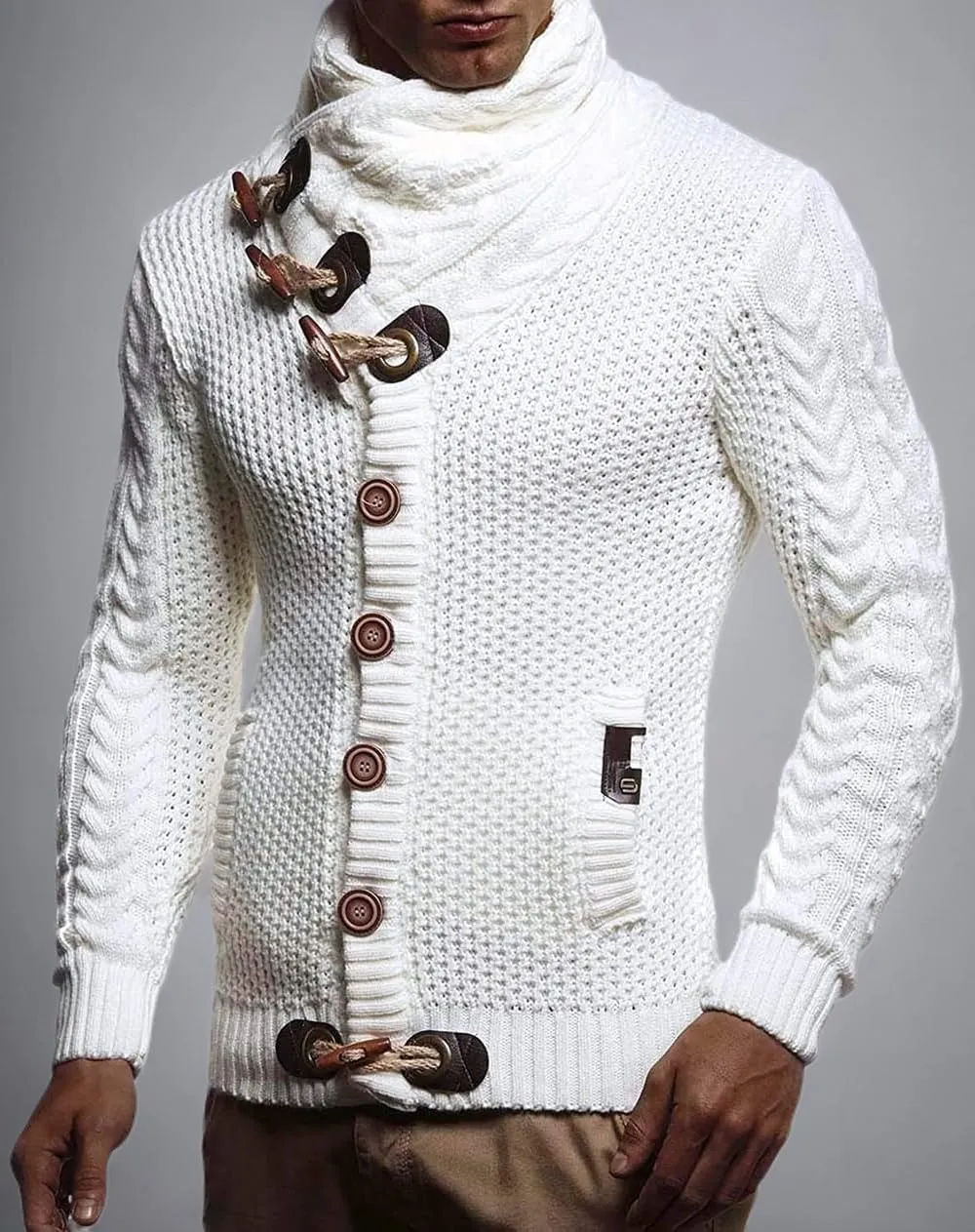 Men's Turtleneck Cable Knit Button Down Cardigan,Fall Winter Pullover Casual Sweaters