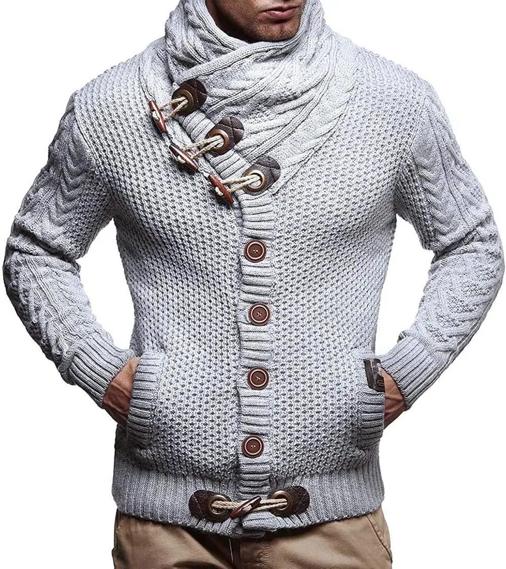 Men's Turtleneck Cable Knit Button Down Cardigan,Fall Winter Pullover Casual Sweaters