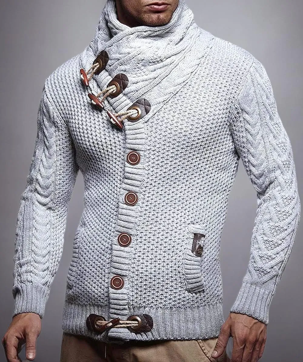 Men's Turtleneck Cable Knit Button Down Cardigan,Fall Winter Pullover Casual Sweaters