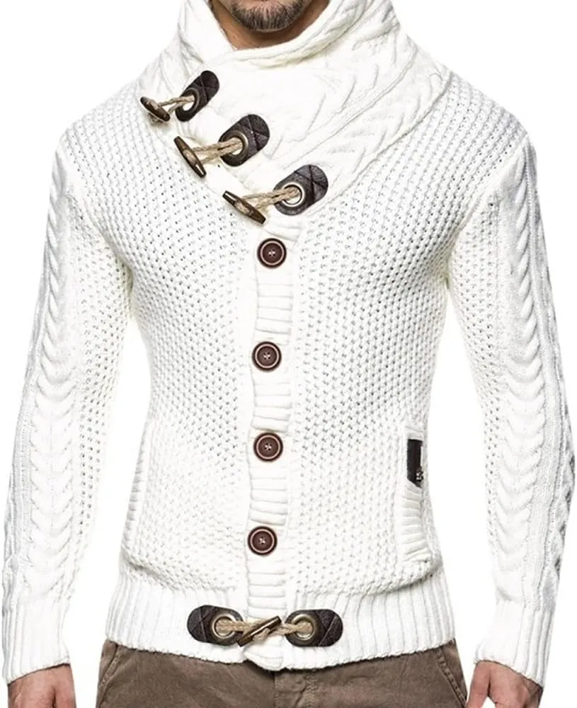 Men's Turtleneck Cable Knit Button Down Cardigan,Fall Winter Pullover Casual Sweaters