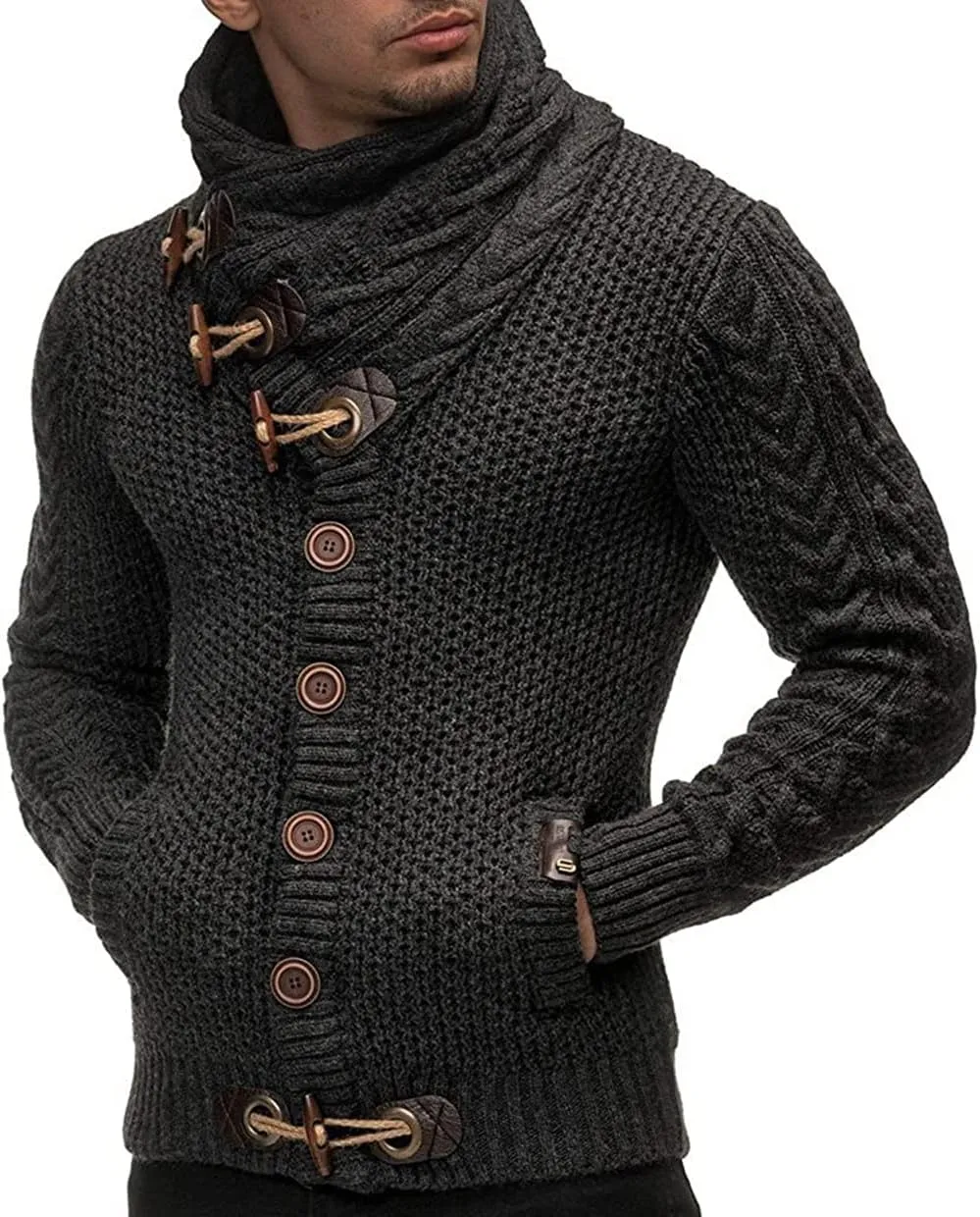 Men's Turtleneck Cable Knit Button Down Cardigan,Fall Winter Pullover Casual Sweaters