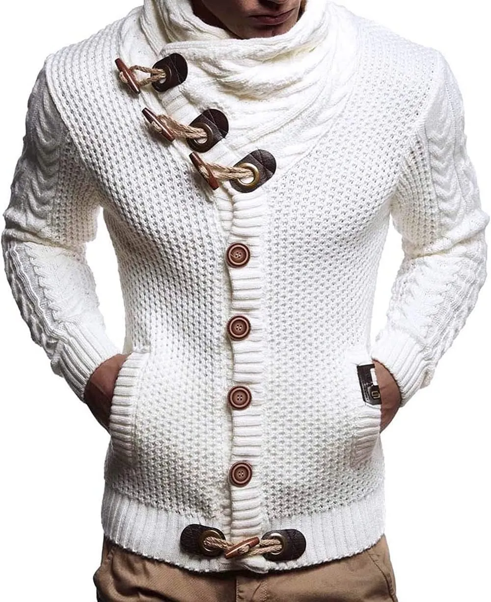 Men's Turtleneck Cable Knit Button Down Cardigan,Fall Winter Pullover Casual Sweaters