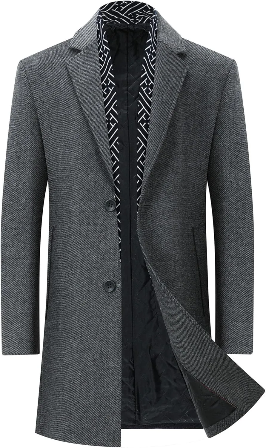Men's Winter Trench Overcoat Coat Wool Blend Casual Suit Jacket Slim Fit Two Buttons Business Jacket