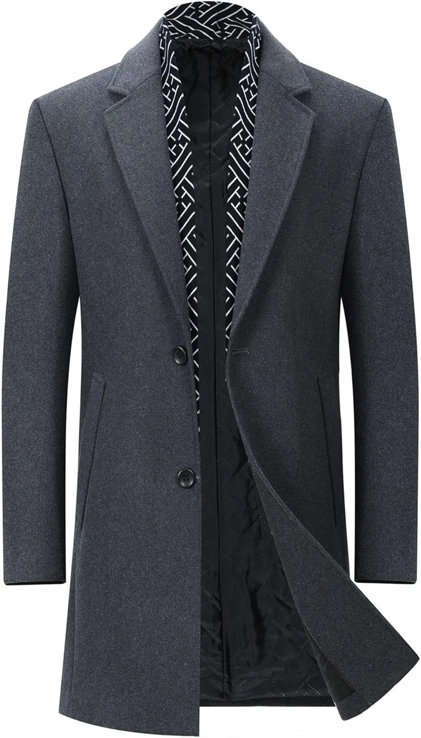 Men's Winter Trench Overcoat Coat Wool Blend Casual Suit Jacket Slim Fit Two Buttons Business Jacket
