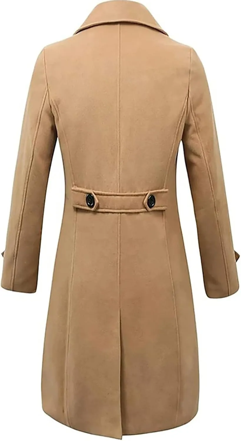 Men's Winter Woolen Trench Coat Business Casual Double Breasted Long Warm Pea Coat Overcoat