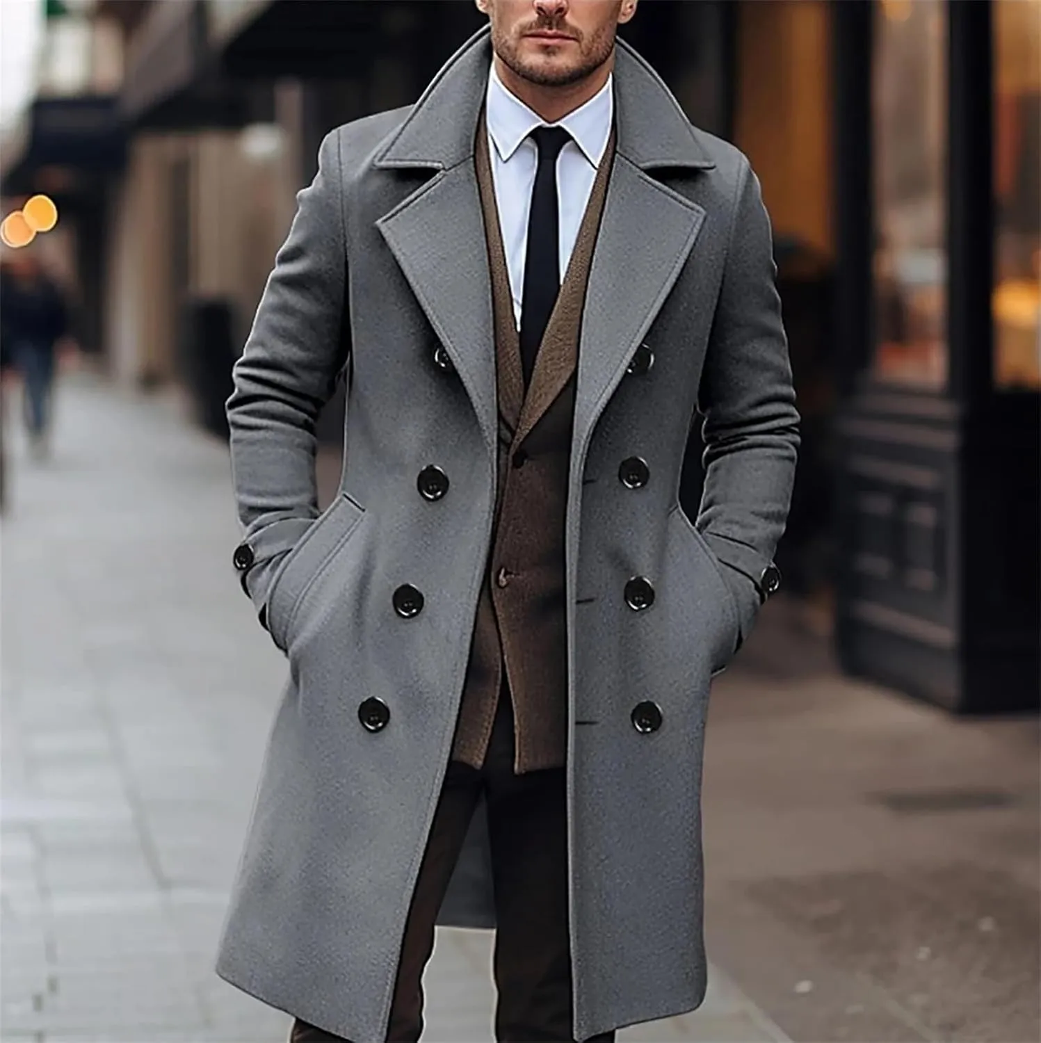 Men's Winter Woolen Trench Coat Business Casual Double Breasted Long Warm Pea Coat Overcoat