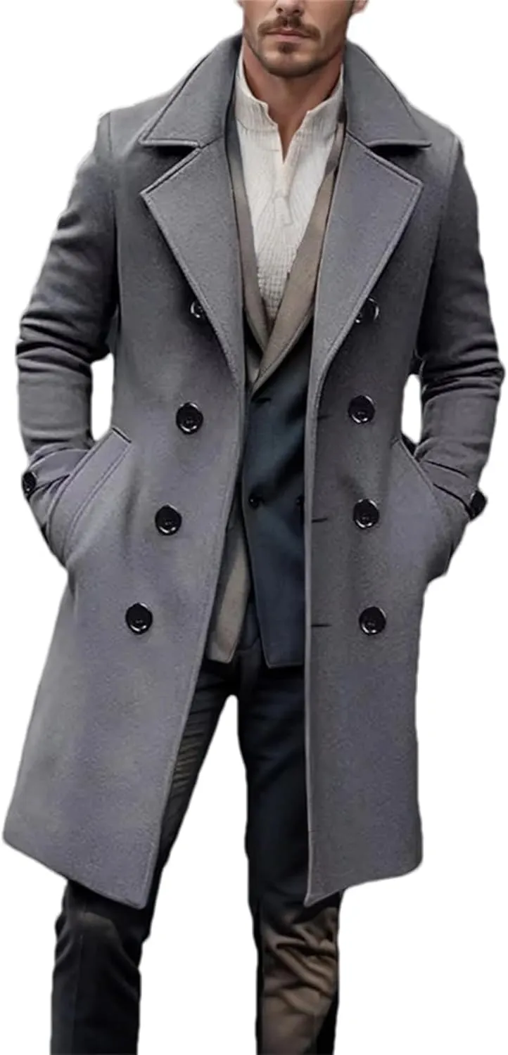 Men's Winter Woolen Trench Coat Business Casual Double Breasted Long Warm Pea Coat Overcoat